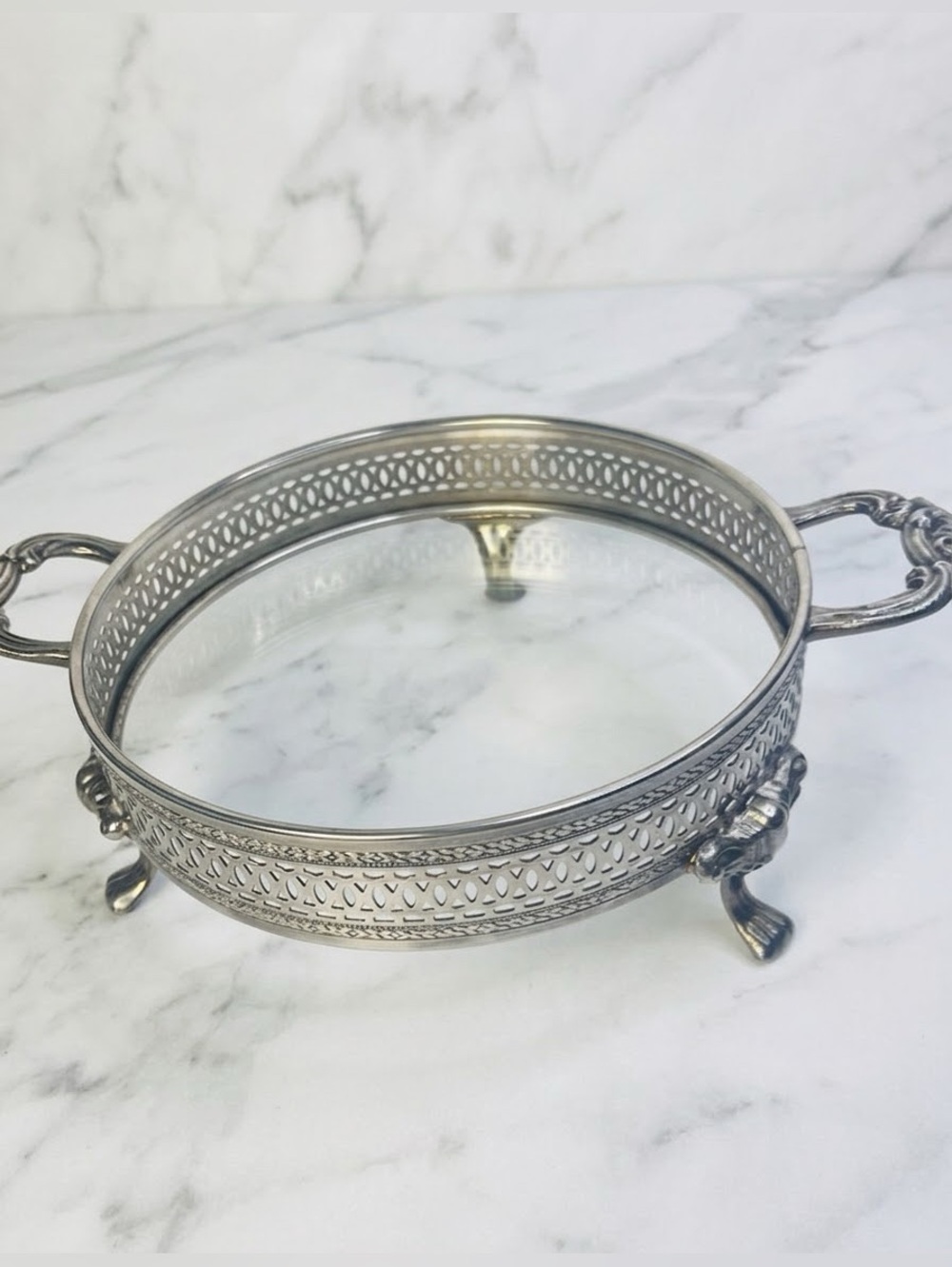Vintage Silverplate Round Footed Casserole Holder With Ornate Handles and Feet